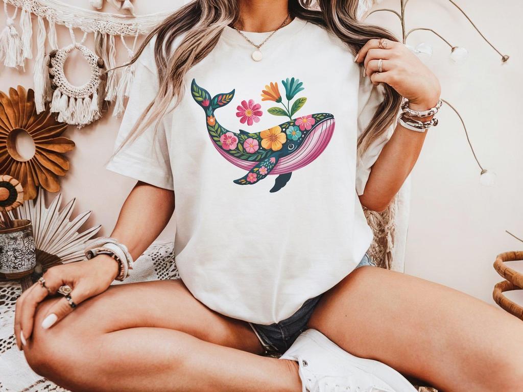 Floral Whale Nature Shirt, Eco-Friendly Marine Life Design, Botanical Whale Art Tee for Eco-Conscious Nature Lovers, Peaceful Gift