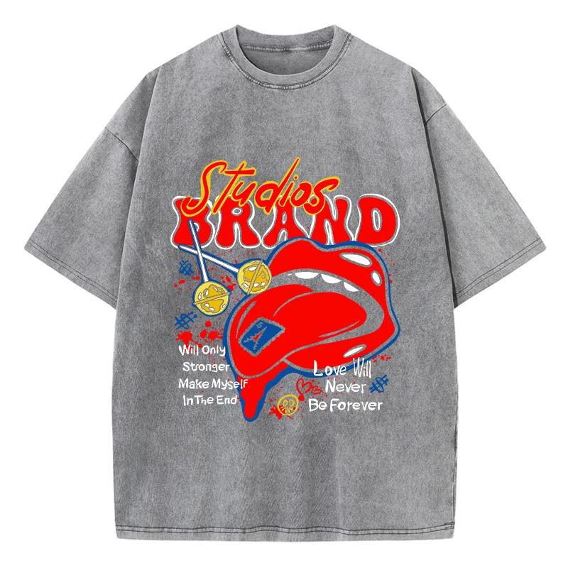 Oversized Woman Washed T-Shirts Studios Brand Print Short Sleeve Cotton Crewneck Oversize Tops Vintage Street Clothes