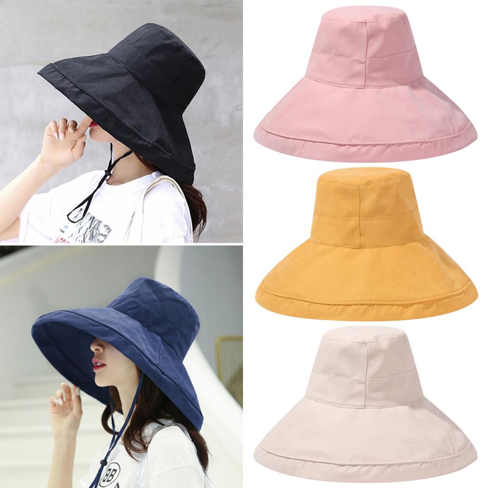 Summer Women Anti-UV Big Visors With Windproof Rope Fisherman Cap Bucket Hat Sun Hat Beach Cap