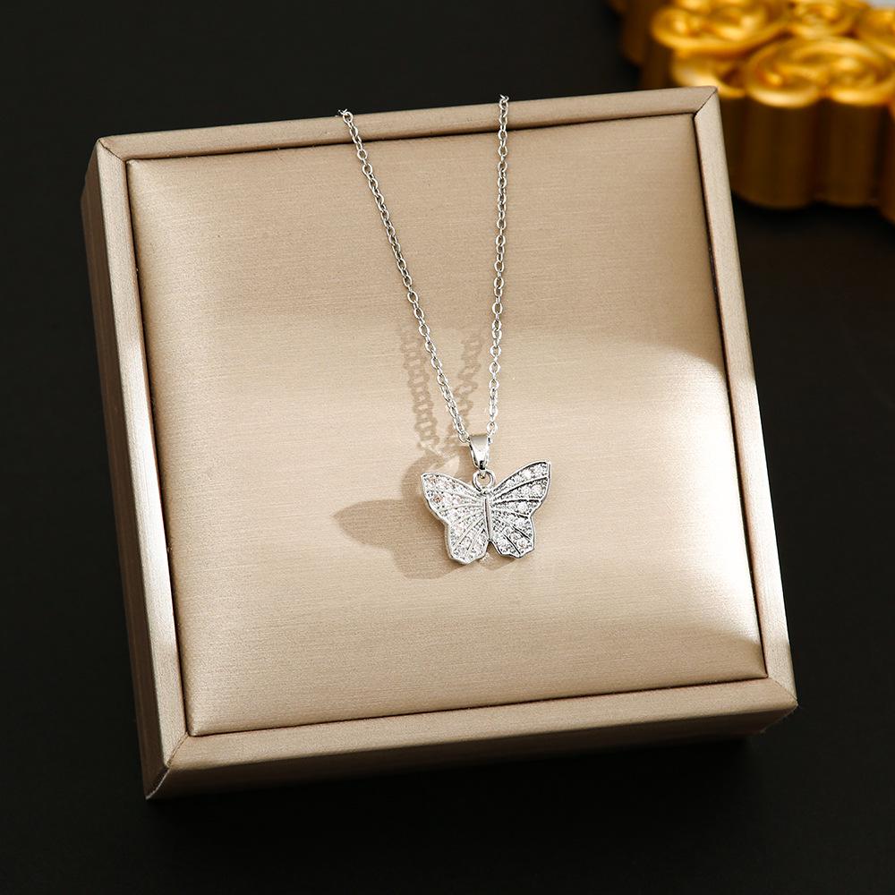 Korean Butterfly Tassel Luxury Diamond Titanium Steel Necklace - Women's Versatile Clavicle Jewelry