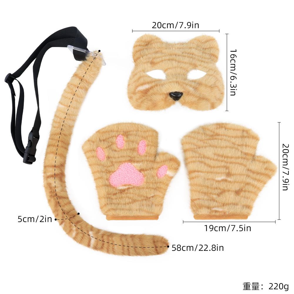 Halloween simulation cat mask, plush tail gloves handmade three-piece party cosplay props accessories
