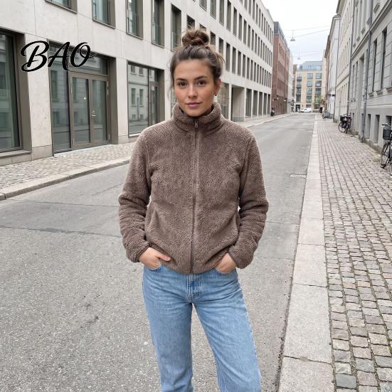 Lightweight Warm Jacket Women Zip-Up Fleece Jacket, Stand Collar Long Sleeve Loose Casual Outerwear Coat, Solid Color for Fall Winter