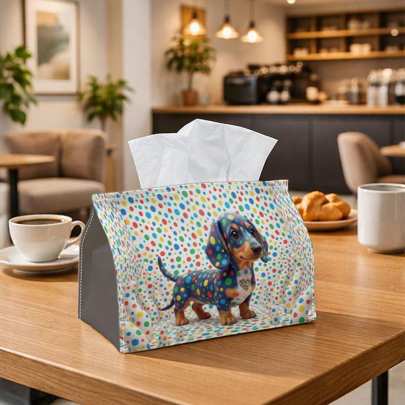 1pc Kusama Art Dog Lover Tissue Box Holder| Dachshund, Colorful Polka Dots, Puppy Elegant Fabric Dispenser with Reinforced Edges And Washable End, Com