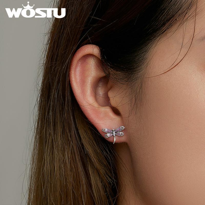 WOSTU 925 Sterling Silver Fine Pink Dragonfly Stud Earrings Insect Animal Ear Studs for Women Original High Quality Jewelry