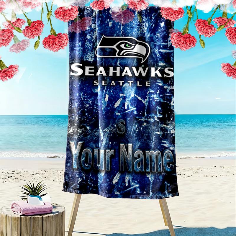 Name Custom Seattle Seahawks Logo Print Beach Towel, Large Soft Quick Dry Towel for Beach Camping Swimming