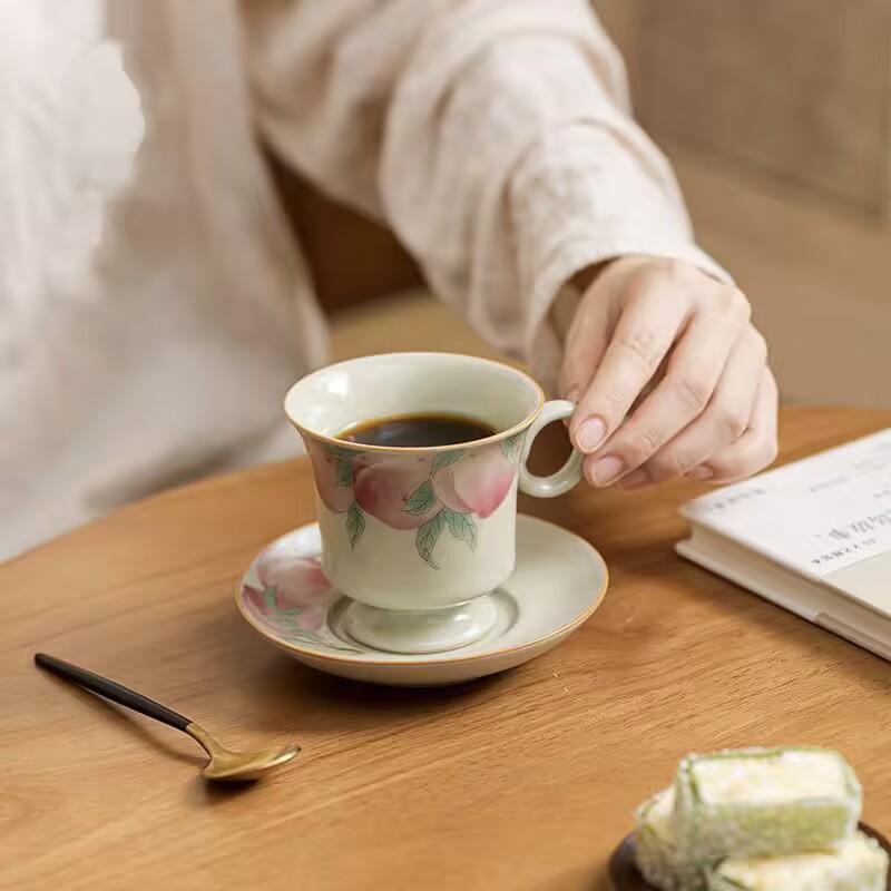 Чашка для кофе Ru Kiln Высококачественная Изысканная Высокоценная Керамическая Чашка и Блюдце Нишевый Дизайн Утолщенная Защищающая от Ожогов Чайная Чашка