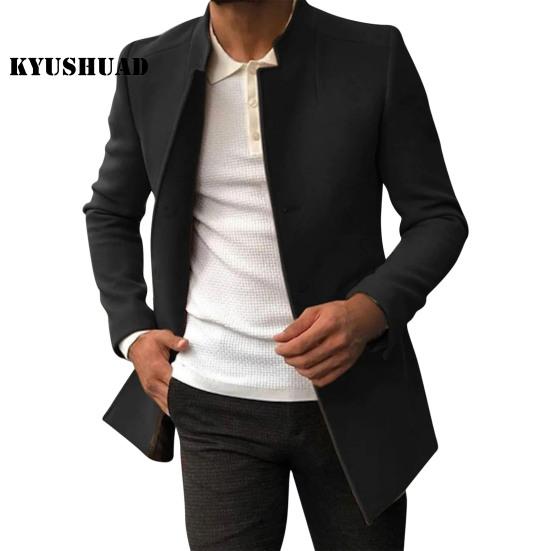 Men Suit Coat, Solid Color, Slim Fit, Single Breasted, Thicken, Trench Coat, Autumn Winter, Windproof, Woolen Jacket