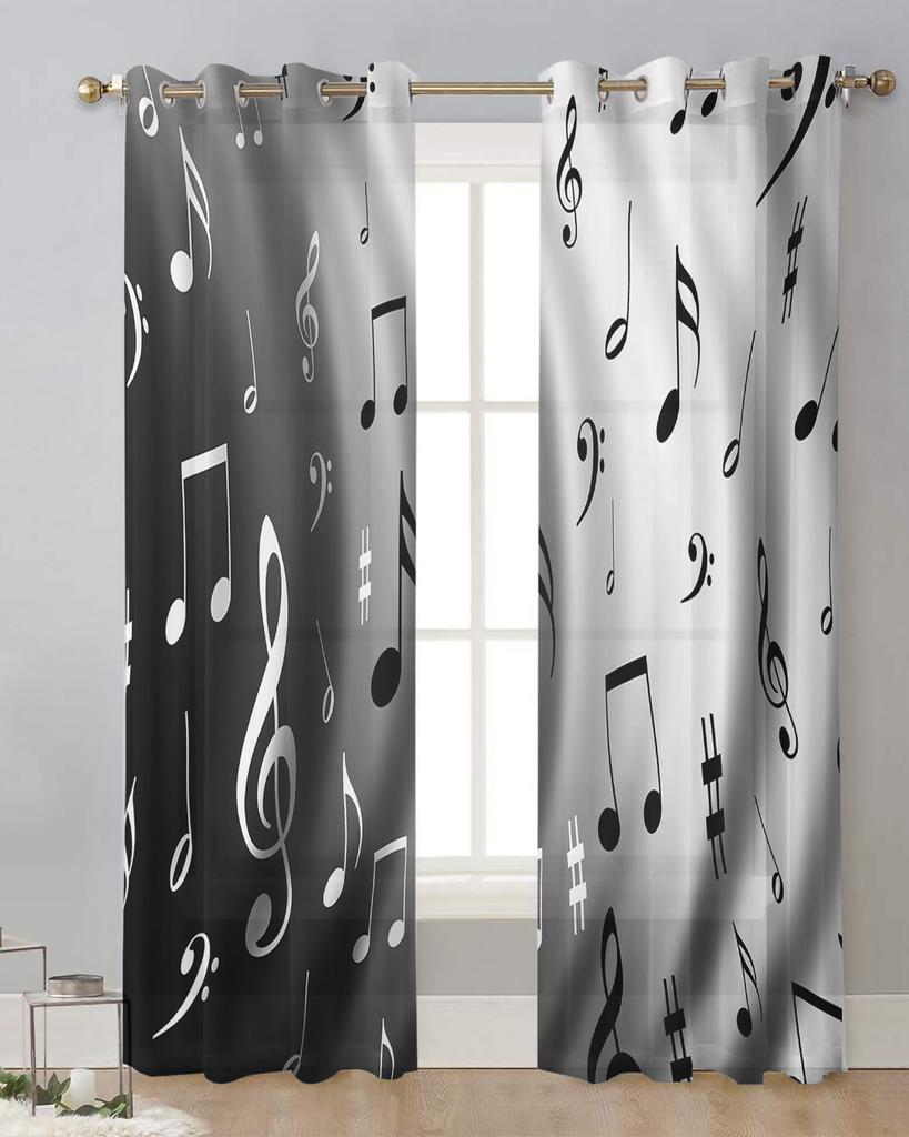 Water Wave Music Black White Musical Notes Sheer Curtains for Living Room Decor Window Curtains Kitchen Tulle Voile Curtains