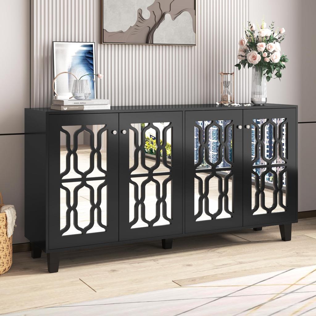 Sideboard Kommode verspiegelte, Anrichte mit 4 Türen, Moderne Beistellschrank Mehrzweckschrank mit verstellbarem Regal
