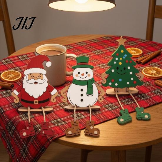 Small Wood Holiday Figurines 3Pcs 2D Wooden Christmas Hanging Ornaments, Cartoon Santa Snowman Tree Claus Figures with Leg Design, Tabletop Decor for
