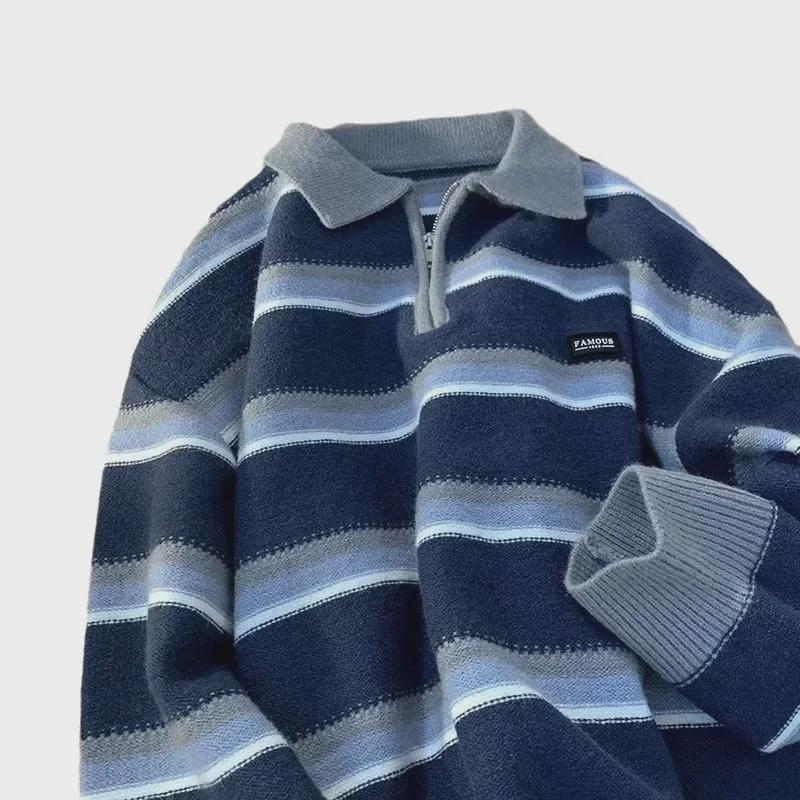 Мужской японский ретро-полосатый свитер с воротником-поло - вязаный топ Niche Knit Top в стиле ленивой осенне-зимней одежды