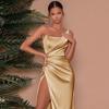 Sexy European Style And American Single Shoulder Fishbone Side Slit Dress Satin Long Skirt