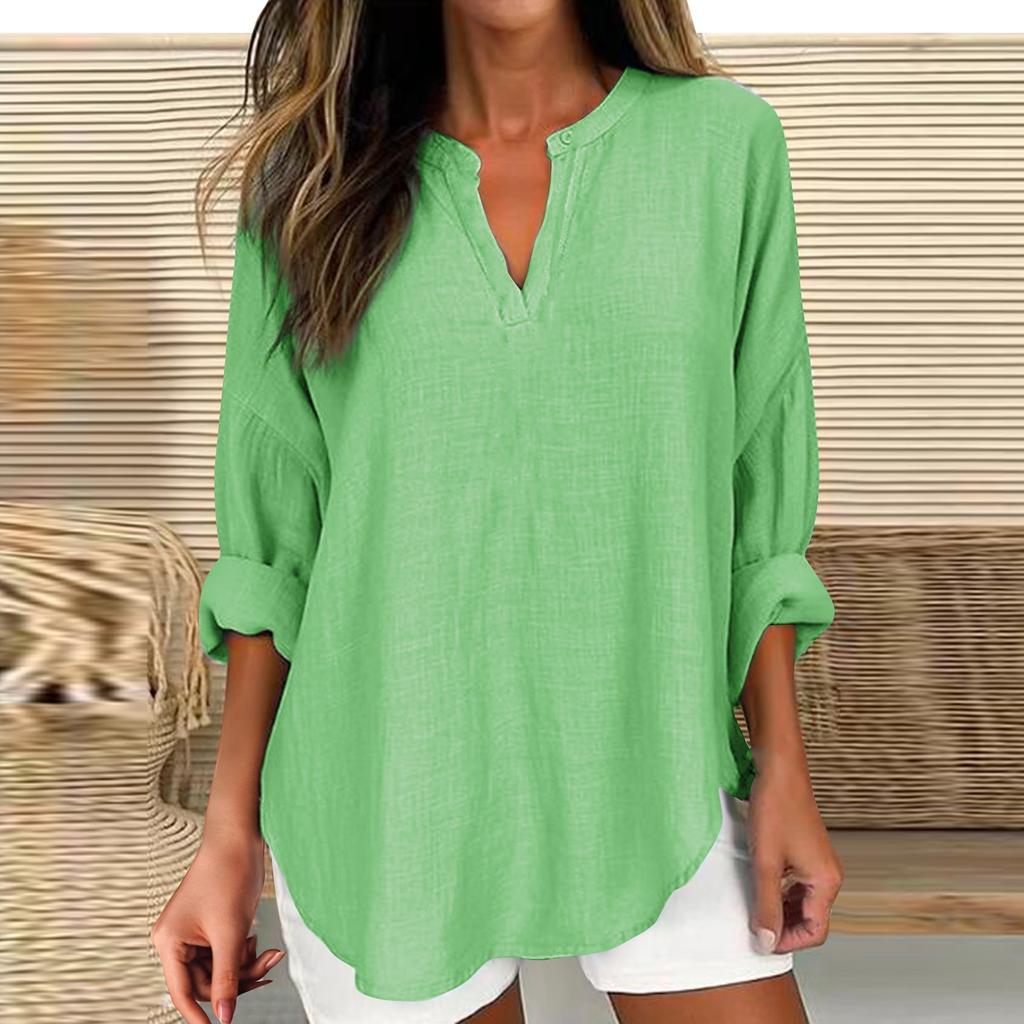 Women's Cotton Linen Solid Color Long Sleeve Shirt V-Neck Loose Blouse Pullover Top