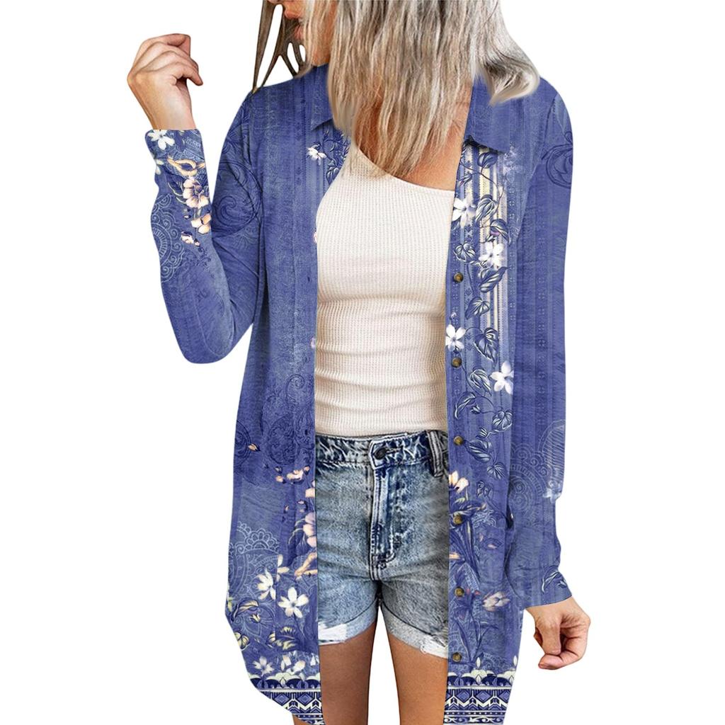Women's Casual Fashion Floral Print Long Sleeve Mid-Length Cardigan Jacket