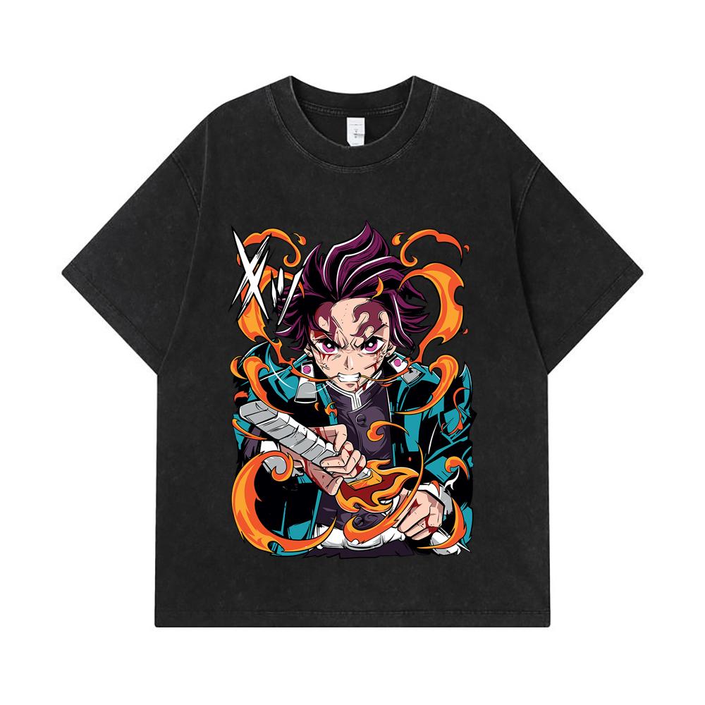 275 GSM Washed T-shirts 100% Cotton Demon Slayer V64 Tanjiro Fire Breathing Print Unisex Heavy Cotton T Shirt