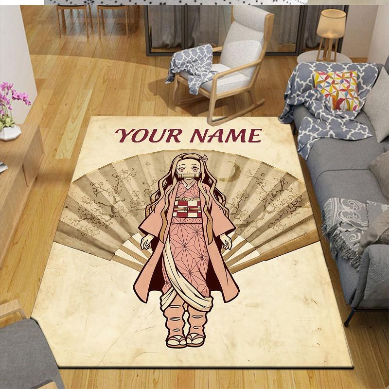 Custom Name,Nezuko Kamado Home Sofa Decoration for Living Room & Bedroom, Non‑Slip Play Flannel Floor Mat for Game Room