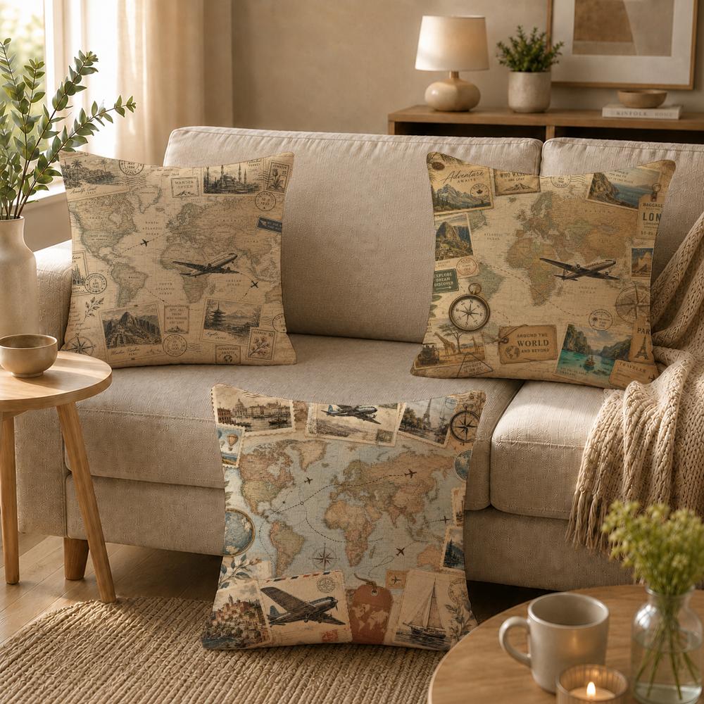 art vintage travel map collage Cushion Cover Soft Short Plush SkinFriendly Cushion Case for MultiScene Use