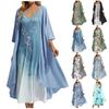 Women's Two-piece Dress Printed V-neck Vest Dress Cardigan Jacket Set