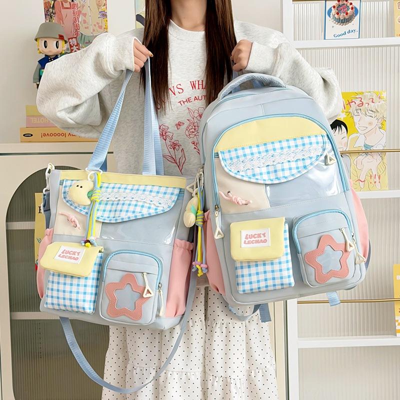 Schoolbag New high-value backpack ins Sweet plaid make-up bag Lightweight travel backpack Middle and high school student schoolbag
