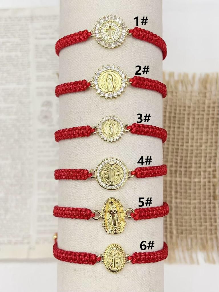 Adjustable Red Braided String Bracelet Virgin Mary Guadalupe Saint Benedict Cross Medal Religious Protection Jewelry