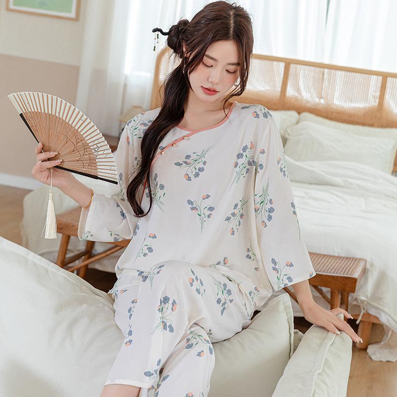 Pajamas women's spring and autumn silk new Chinese loungewear can be worn outside the national style middle-aged and elderly mother's cotton and silk