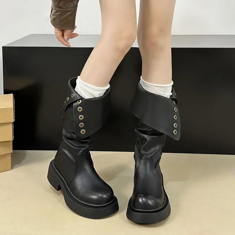 Сапоги до колена женские модные женские сапоги на пуговицах с низким каблуком рыцарские сапоги новые осенне-зимние женские длинные сапоги Zapatos De Mujer
