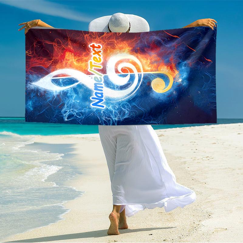 1PC Custom Name Music Fire Artwork Beach Towel Highly Absorbent And Sand-Resistant Towel for Swimming, Pool, Yoga, And Travel Lightweight