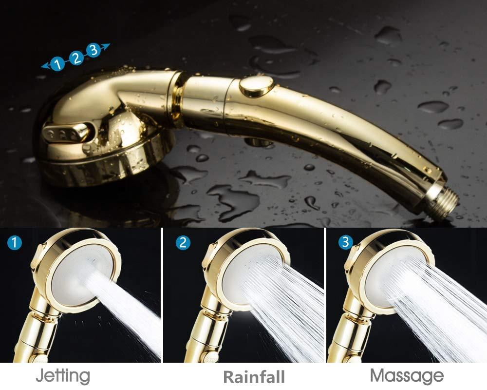 Pause Button 3 Settings Modern Water Saving 360 Degree Adjustable Gold Hand Shower Head