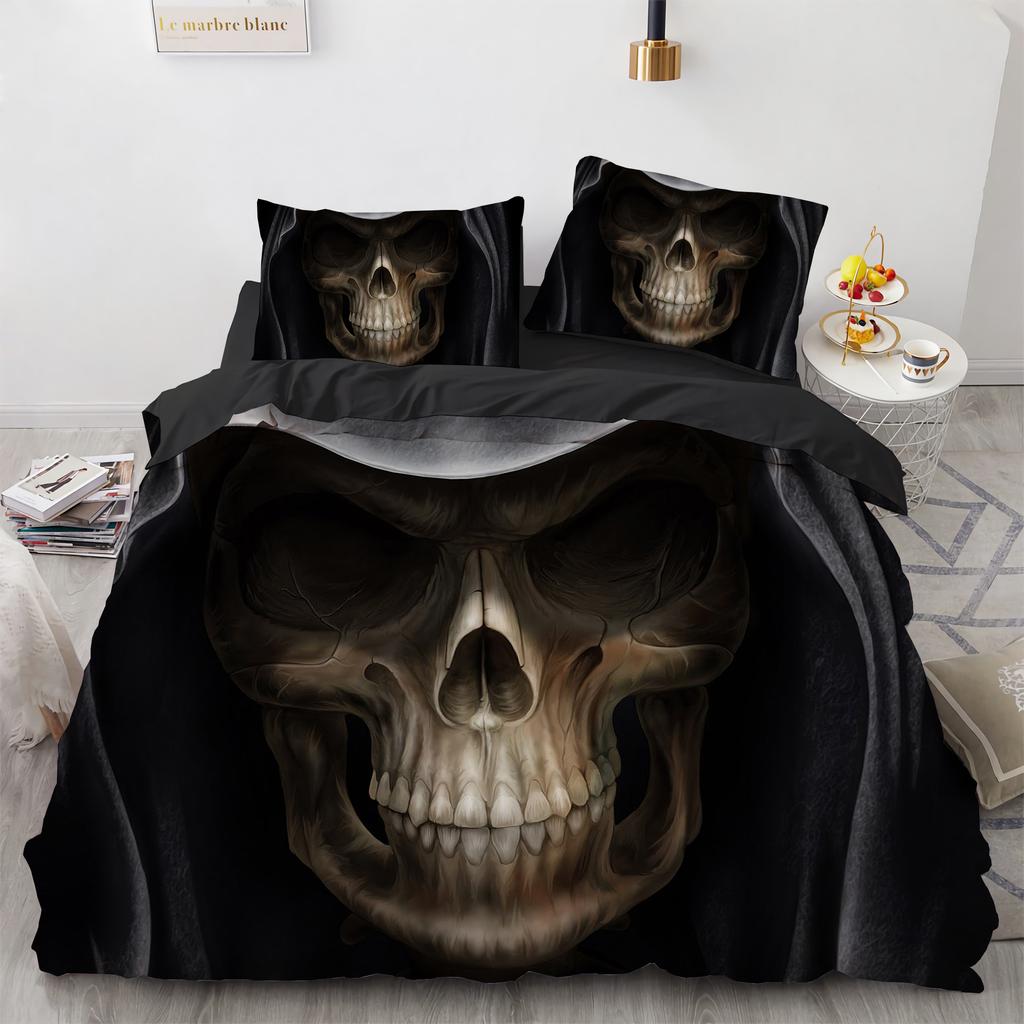 Комплект постельного белья Black Hat Skull Queen Size Хэллоуин Комплекты пододеяльников Современный стиль Спальный комплект постельного белья Чехол для одеяла Наволочки