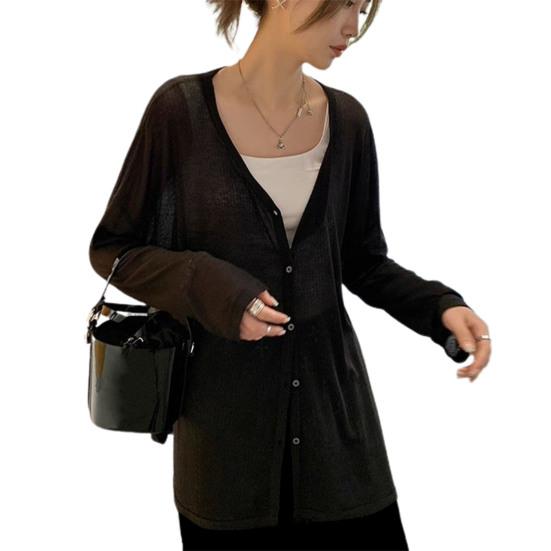Spring Autumn Cardigan Coat V-neck Long Sleeve Single Breasted Coat Solid Color Loose Fit Thin Jacket Daily Wear