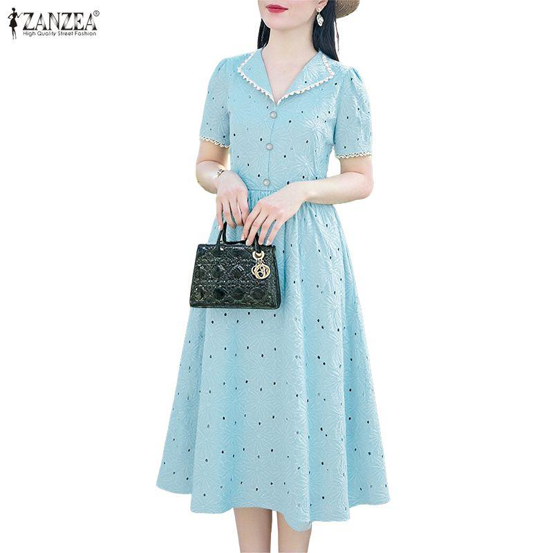 ZANZEA Женское повседневное летнее платье с отложным воротником, пэчворк, крючком, с коротким рукавом