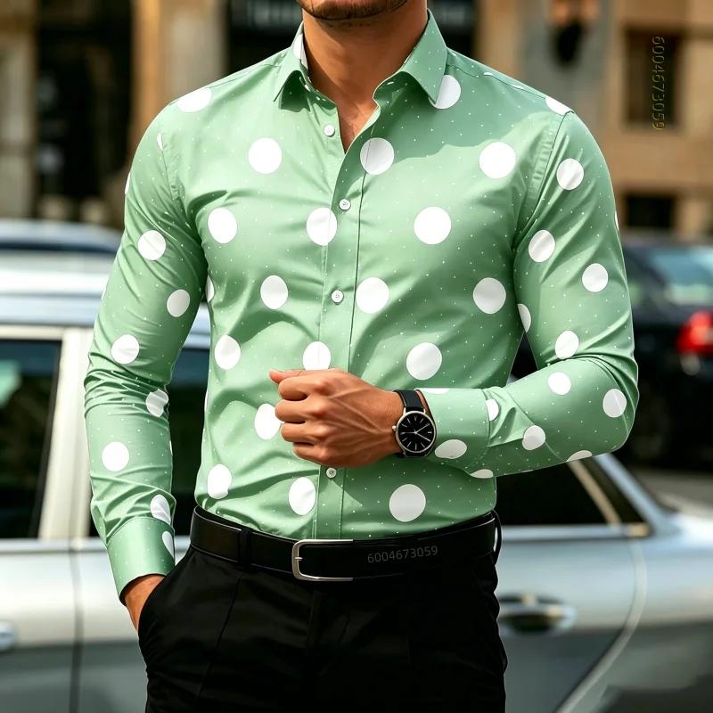 Мужская рубашка в горошек с длинным рукавом, приталенная, для стиля business casual, модный топ для активного отдыха