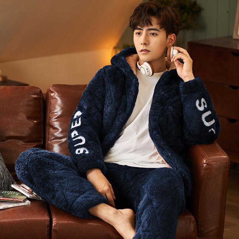 Men's Winter Hooded Quilted Pajama Set: Thick, Plush, Large Size Flannel Jacket