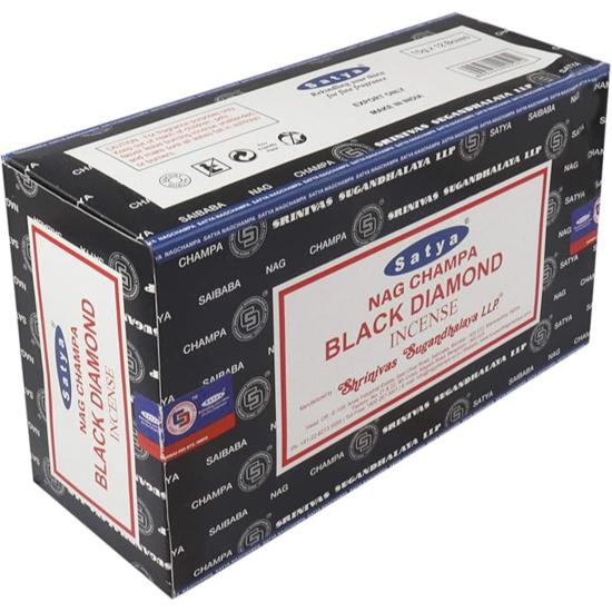 Satya Nag Champa Black Diamond Incense Sticks Agarbatti 180 Grams Box | 12 Packs of 15 Grams Each In a Box | Export Quality