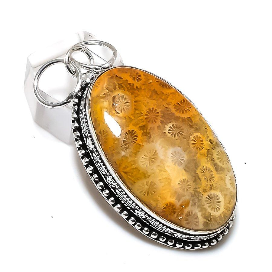 Ископаемый коралл драгоценный камень 925 стерлинговое серебро ювелирный кулон 2,36" M0S10