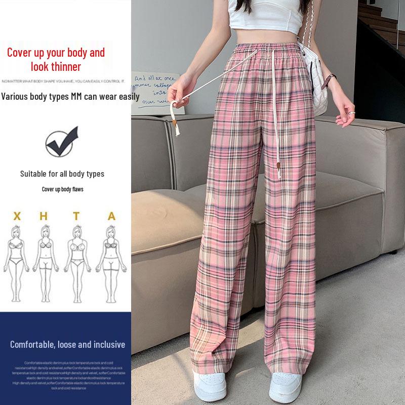 Petite Pink Plaid Ice Silk Wide-Leg Pants: Summer Casual Loose Fit, Straight Floor-Length Style