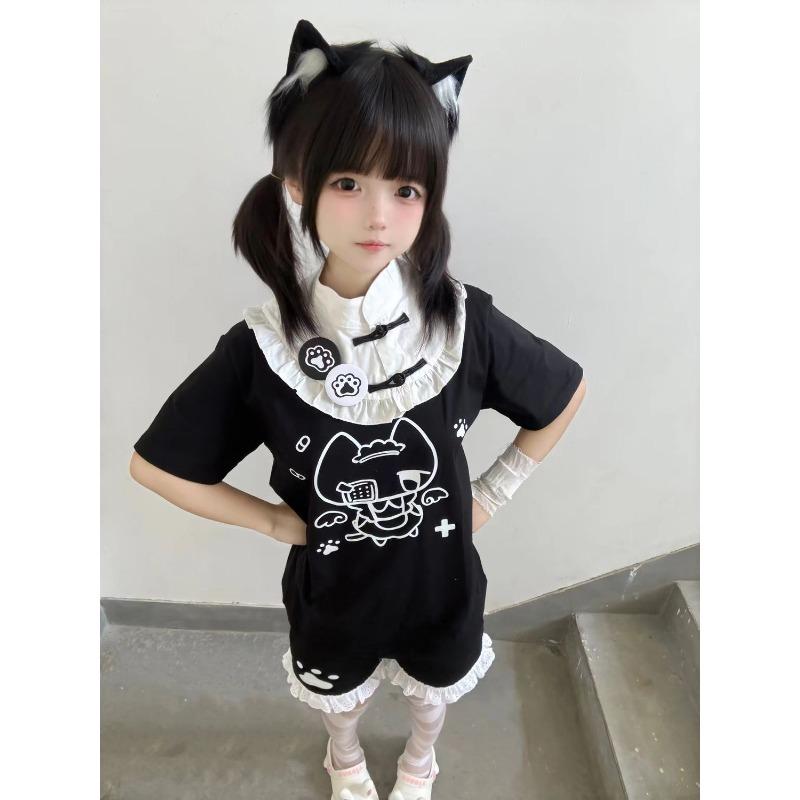 Японские кавайные кошачьи мультяшные милые топы в стиле Лолиты Y2k эстетичные кружевные укороченные футболки в стиле пэчворк гранж контрастные цвета винтажные футболки с изображением фей