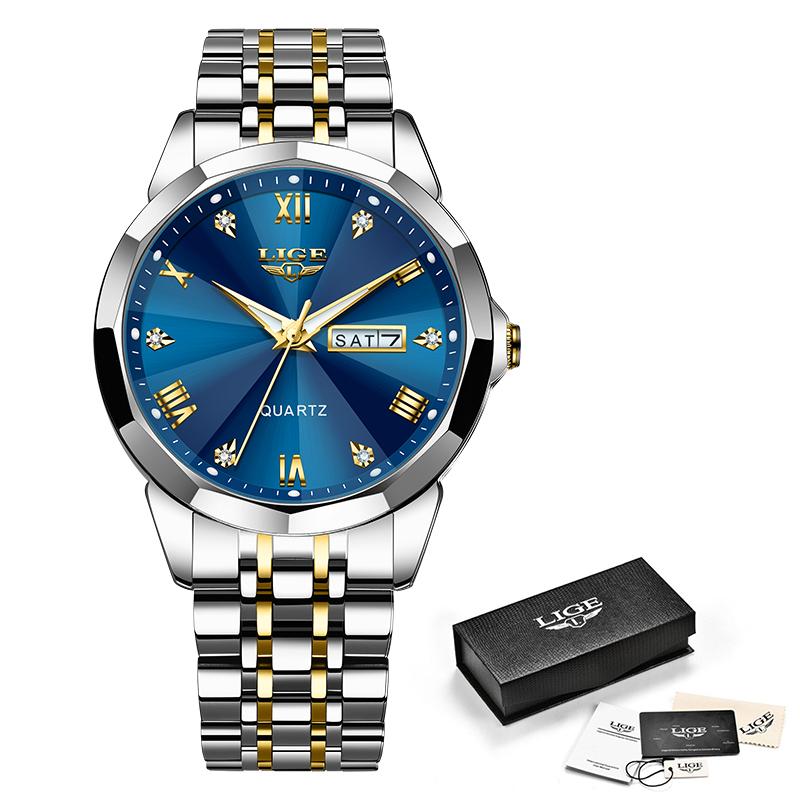 LIGE Новые мужские модные часы, роскошные деловые кварцевые часы из нержавеющей стали, водонепроницаемые часы, ночное свечение, дата, хронометр, часы
