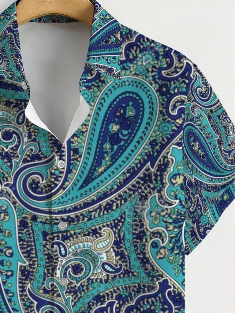 Teenage ' Bohemian Paisley Print Hawaiian Shirt, Vintage Cashew Flower Swirl Pattern Casual Short-Sleeve Aloha Top, High-Quality Vacation Gift,