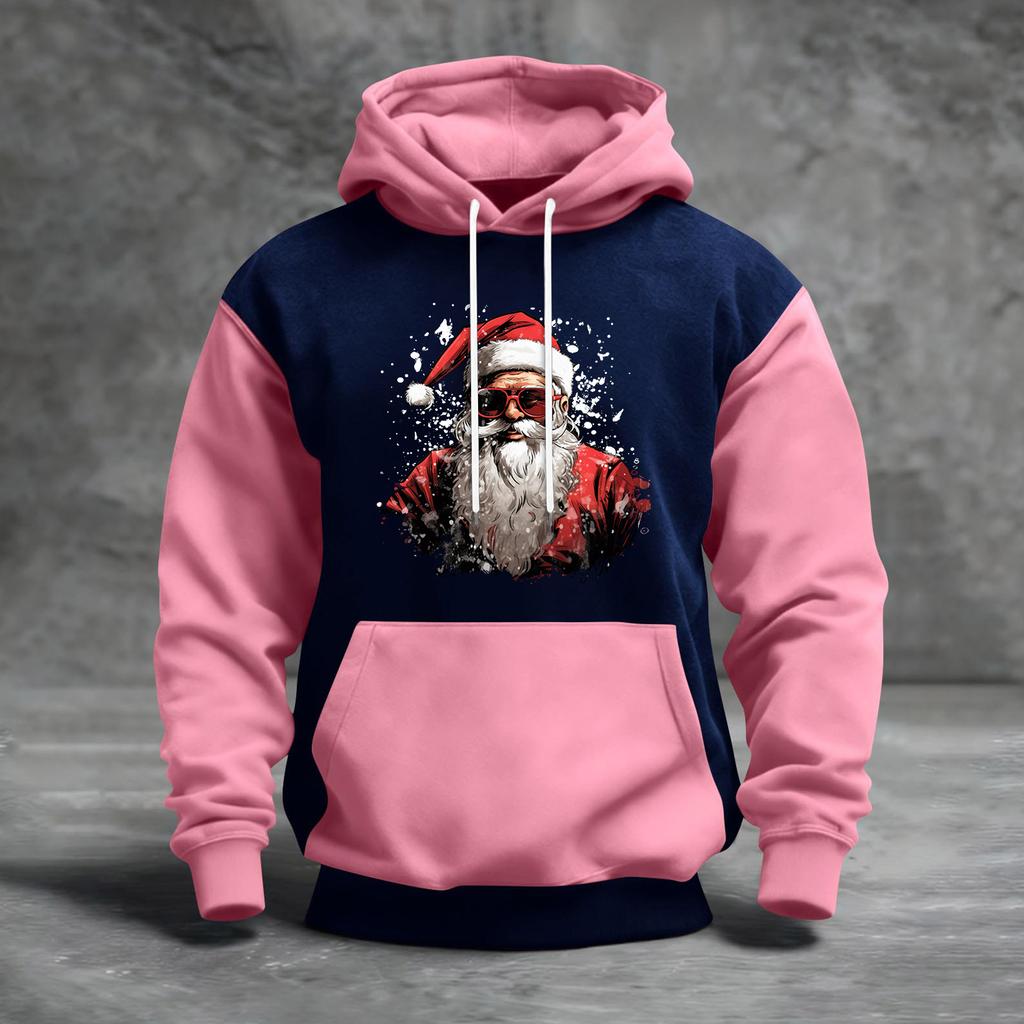 Мужской рождественский свитшот с капюшоном, повседневный, спортивный, удобный, с цветными блоками и принтом