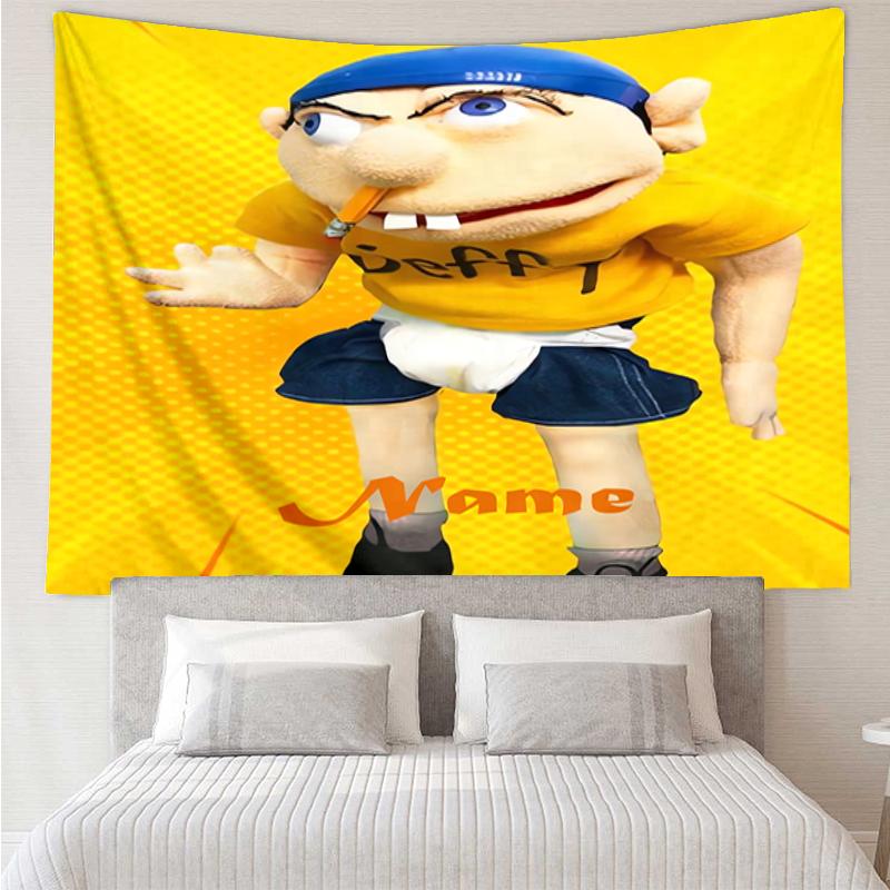 Custom Name Jeffy Print Tapestry, Backdrop, Easy Setup, Ideal for Bedroom, Office & Living Room, with Aesthetic Wall Hanging Decor.