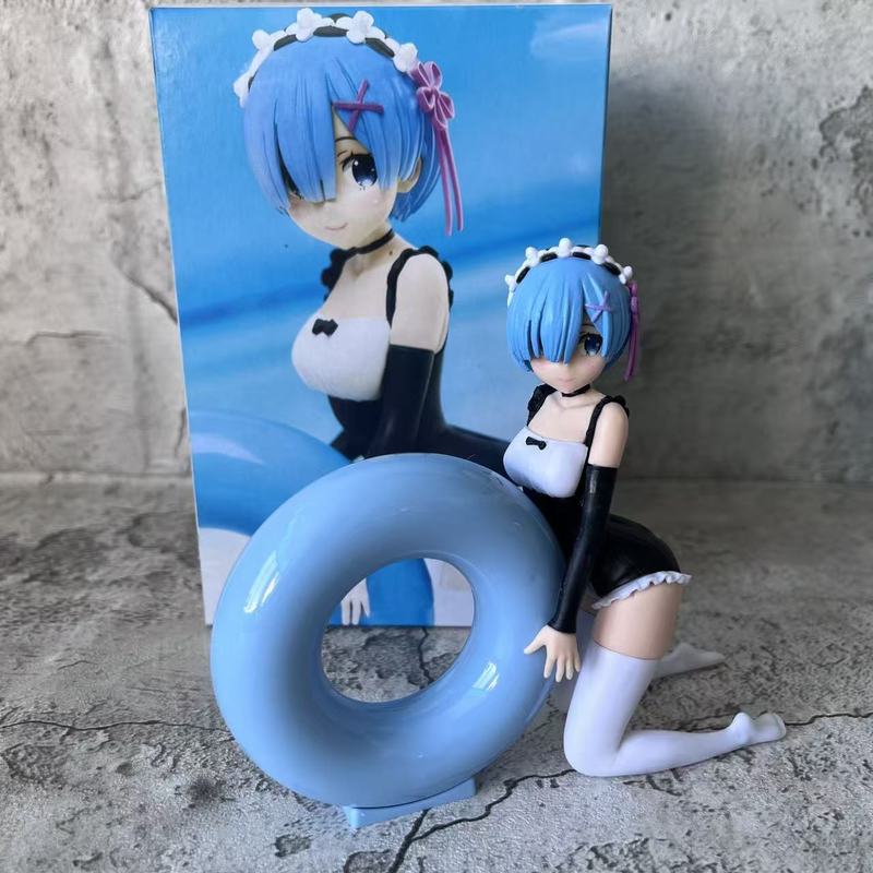 Re Zero Рему Аниме Фигурка Поза на коленях Синий спасательный круг Красивая девушка Статуэтка Настольный декор Коллекционная модель Украшение Для фанатов аниме