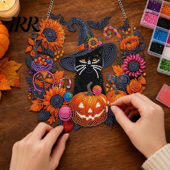 Creative Stress Relief Crafts Black Cat Moon Rhinestone Painting Kit, Halloween Faceted Faux Crystal Hanging Decor, 3D Ornament DIY Craft Window Decor