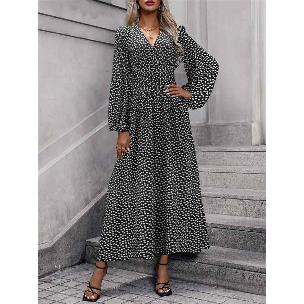 Женское однотонное элегантное платье с рукавами-фонариками, V-образным вырезом и высоким разрезом