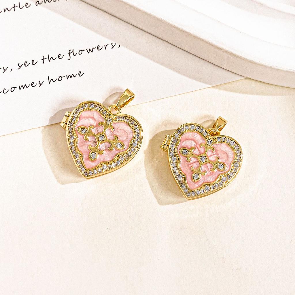 14K Gold Plated Brass Zircon Enamel Multicolor Cross Signet Heart Shaped Locket Pendant Cute Children's Women's Vintage Style