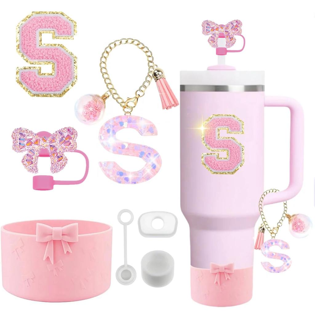 7PCS Pink Accessories for Stanley Cup 30/40 Oz Tumbler with Handle Bow Straw Topper Cover Cap Boot Initials Charm Letter Sticker