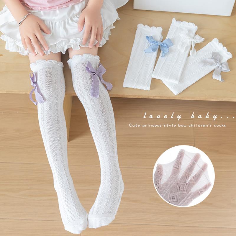 Girls White Bow Knee High Socks Mesh Ruffle Over The Calf Tube Hosiery Fashionable Long Tall Socks For Kids Child