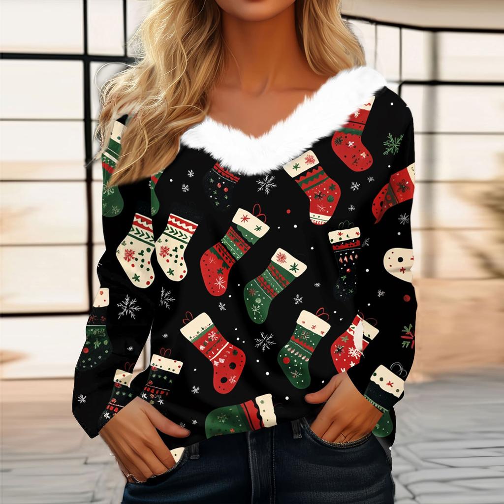 Женская футболка, рождественская рубашка с длинным рукавом, вечерние, рождественский флисовый воротник, топ с v-образным вырезом
