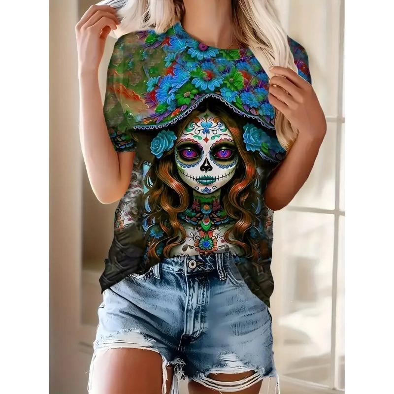 Women's T-Shirt Floral And Skull Print Fashion Casual Short-Sleeved Round Neck Blouse Street Oversized Women's Clothings Summer