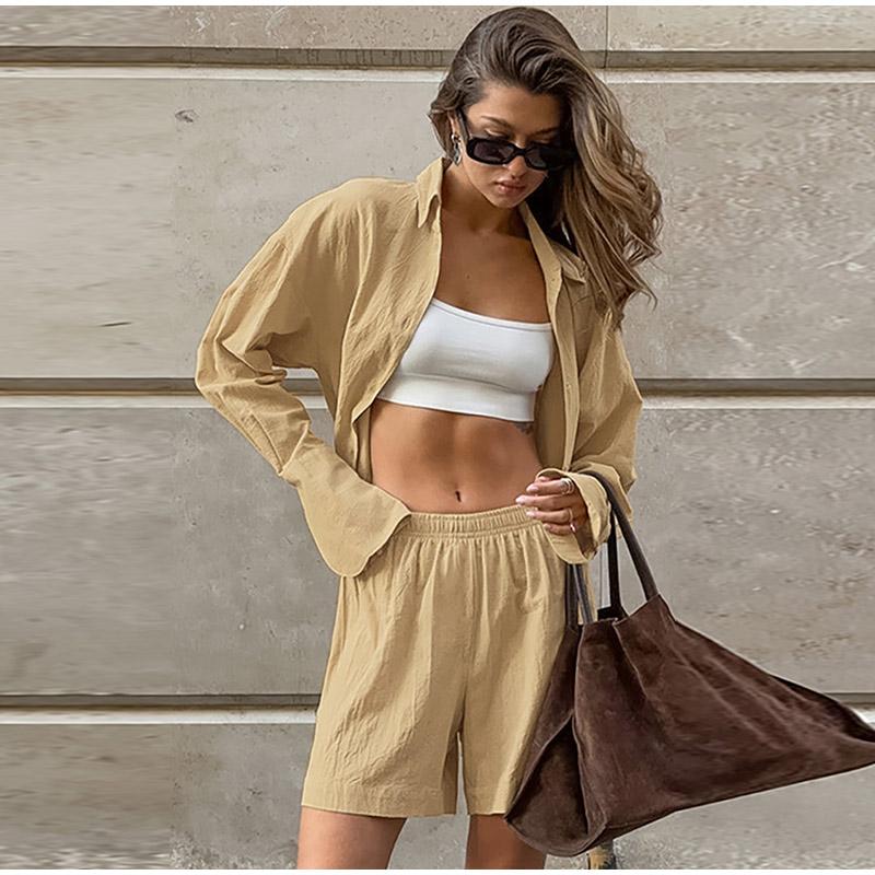Повседневный комплект с шортами для женщин, весна-лето, лацканы, пуговицы, карманы, блузки, длинные рукава, эластичный пояс, брюки, комплекты, женский однотонный женский костюм